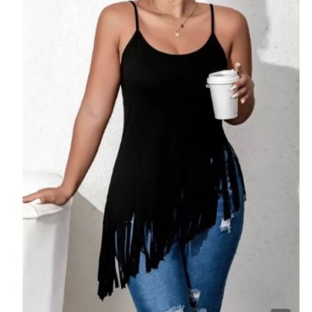 Shein fringe, black asymmetrical top whimsigoth Gothic western 1X